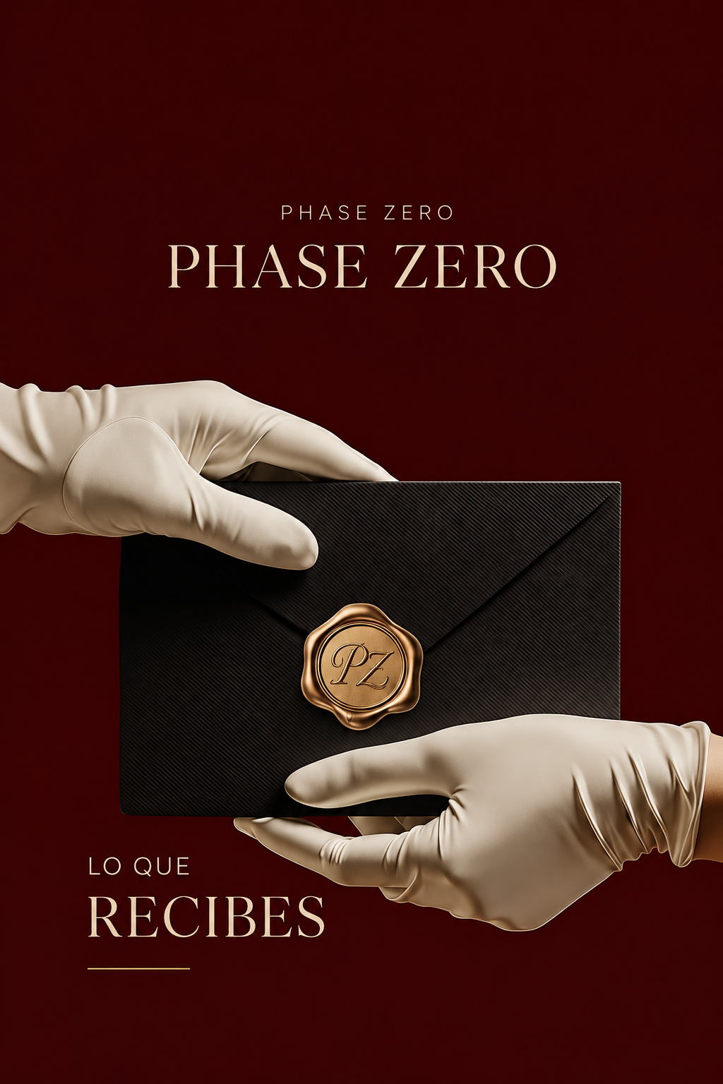 Manos con guantes sosteniendo un sobre negro sellado con cera dorada PHASE ZERO